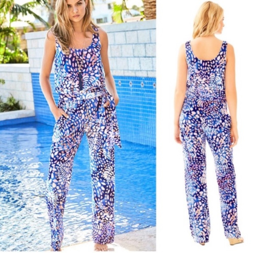 LILLY PULITZER NENA VELOUR JUMPSUIT BECKON BLUE SPARKLING GROTTO